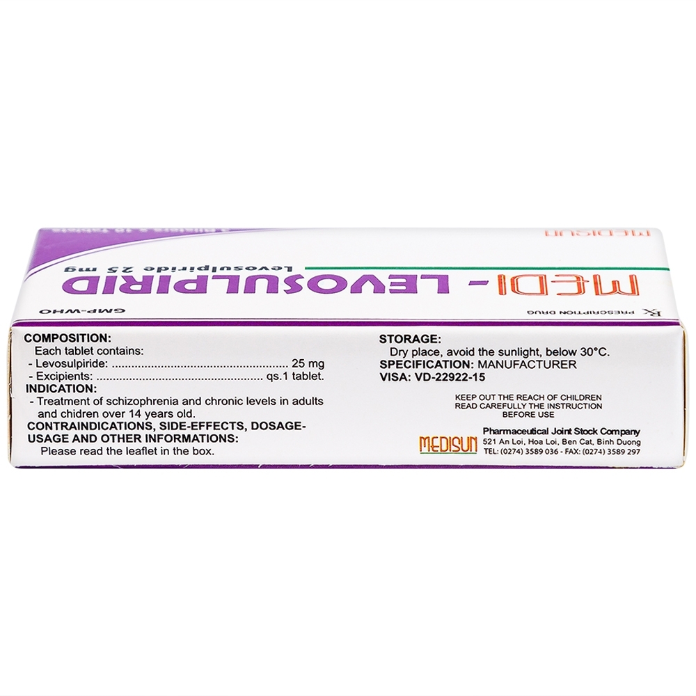 Hình ảnh Viên nén Medi-Levosulpirid 25mg Medisun điều trị tâm thần phân liệt cấp và mạn tính (3 vỉ x 10 viên)