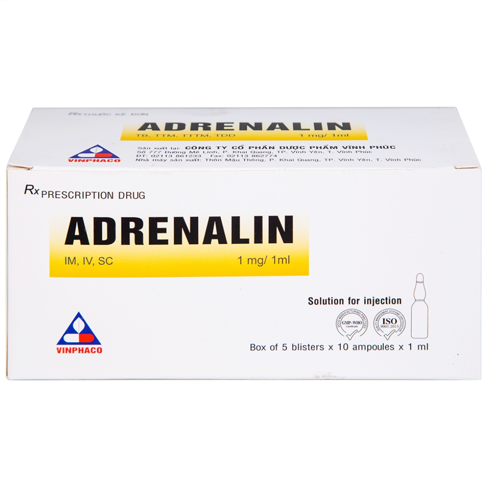 Hình ảnh Dung dịch tiêm Adrenalin 1mg/1ml hồi sức tim phổi, cấp cứu choáng phản vệ (5 vỉ x 10 ống)