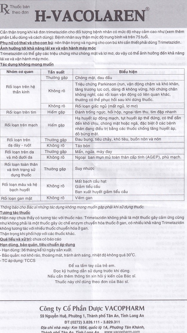 Hình ảnh Thuốc H-Vacolaren 20mg Vacopharm điều trị đau thắt ngực (2 vỉ x 30 viên)