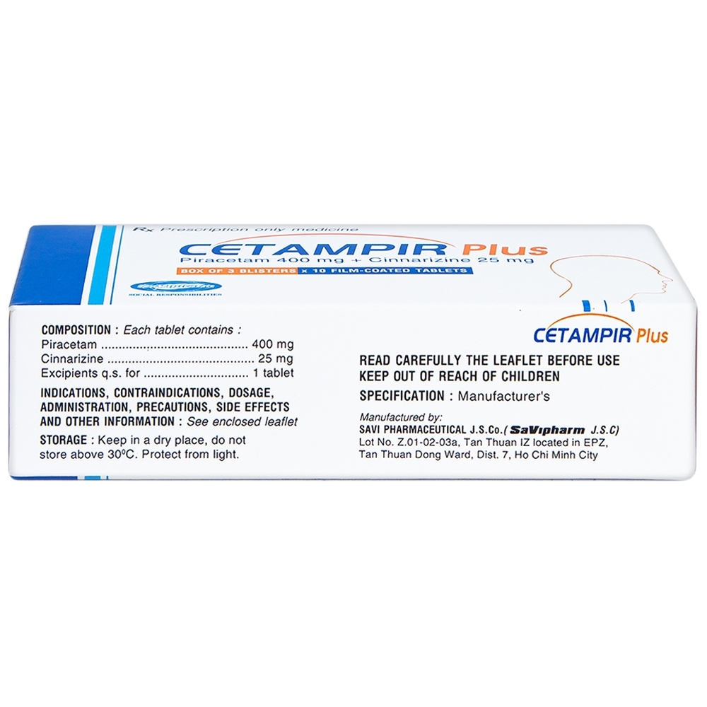 Hình ảnh Thuốc Cetampir Plus 400mg/25mg SaVipharm điều trị rối loạn thiểu năng vỏ não, động kinh, giảm trí nhớ (3 vỉ x 10 viên)