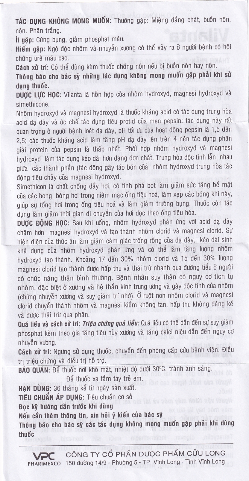 Hình ảnh Thuốc Vilanta Pharimexco dịu triệu chứng ợ nóng, ợ chua (20 gói x 10g)