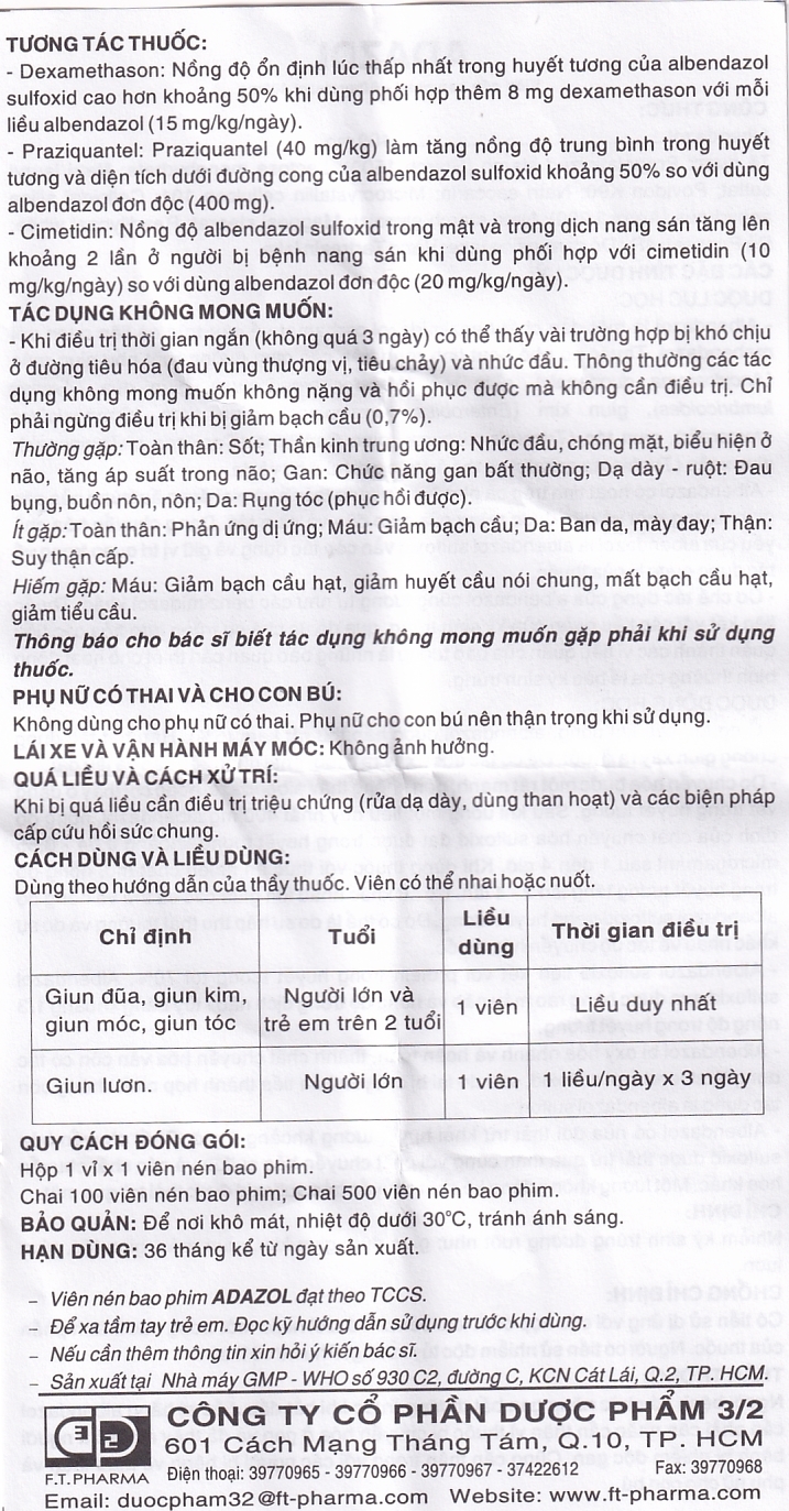 Hình ảnh Thuốc Adazol 400mg Dược 3-2 điều trị nhiễm ký sinh trùng đường ruột (1 vỉ x 1 viên)