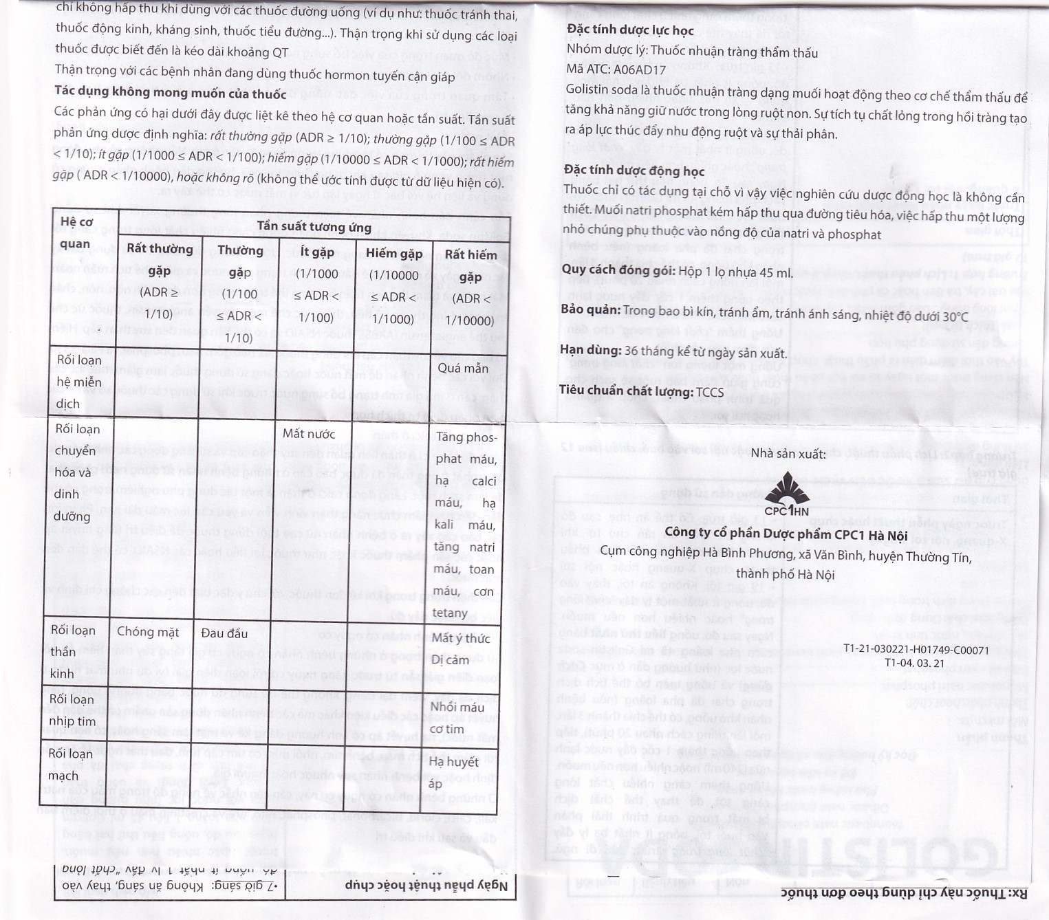 Hình ảnh Dung dịch Golistin-Soda CPC1 làm sạch phân trước khi phẫu thuật, chụp X-quang, nội soi (45ml)