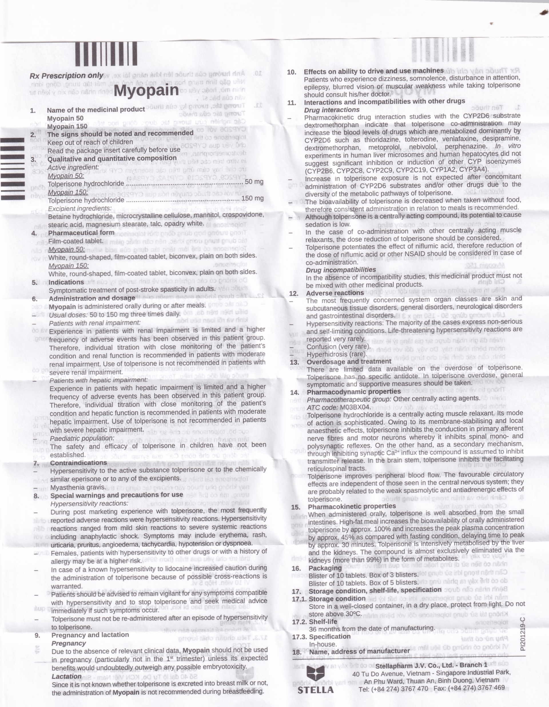 Hình ảnh Thuốc Myopain 50 Stella điều trị chứng co cứng cơ sau đột quỵ (5 vỉ x 10 viên)