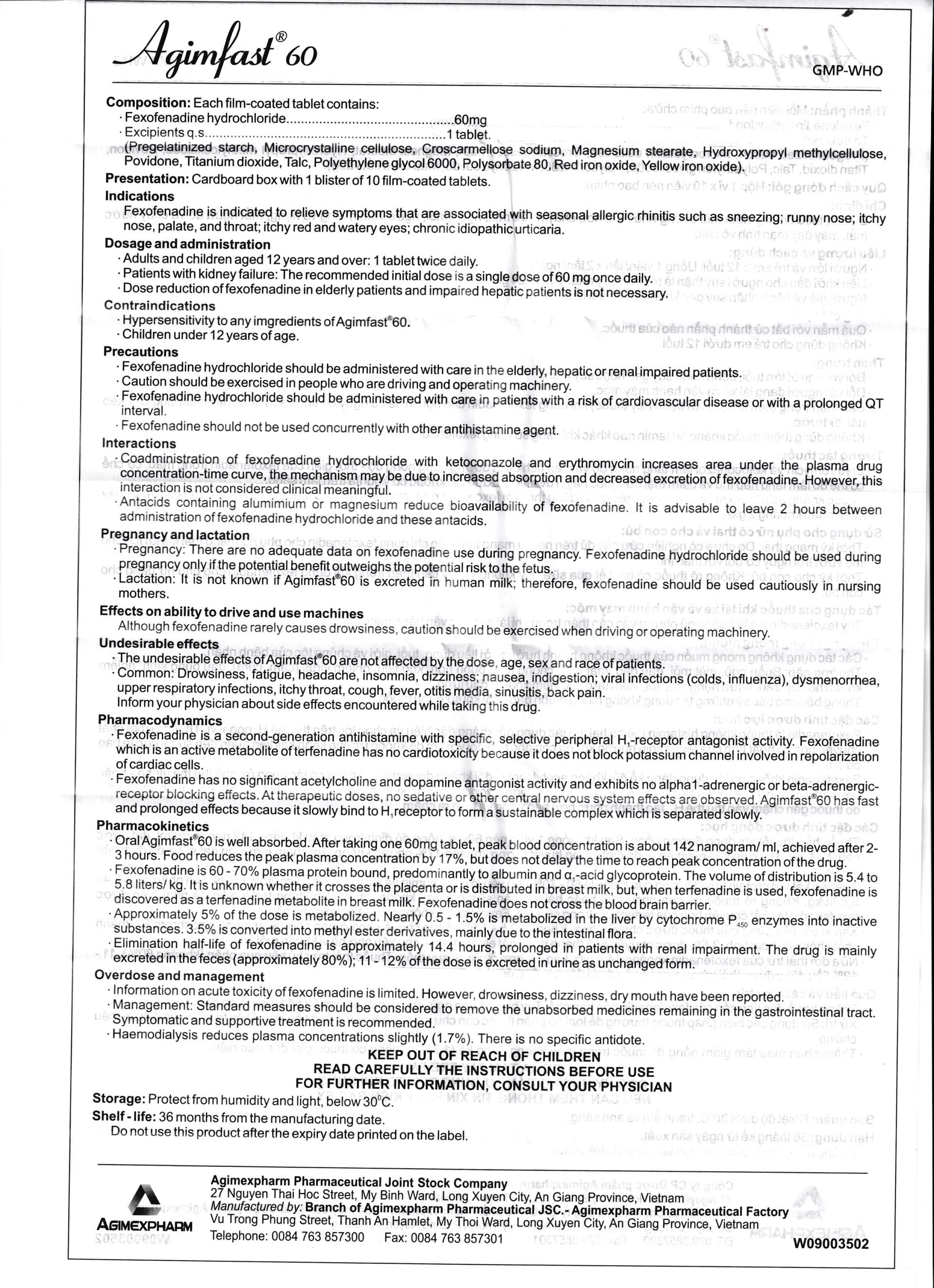 Hình ảnh Thuốc Agimfast 60 Agimexpharm điều trị viêm mũi dị ứng, mày đay mạn tính vô căn (2 vỉ x 10 viên)