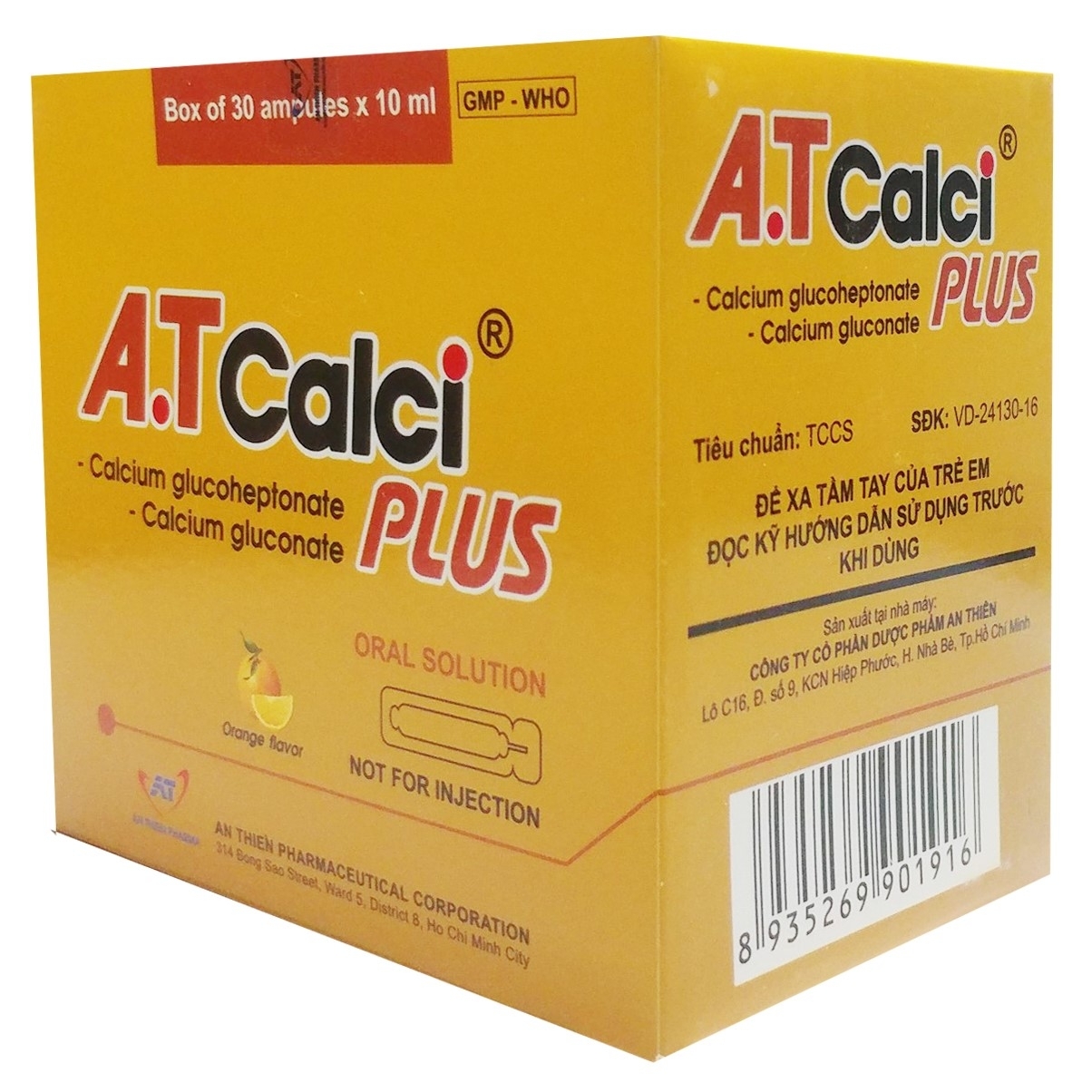Hình ảnh Dung dịch uống A.T Calci Plus An Thiên hương cam cung cấp canxi cho cơ thể (30 ống x 10ml)