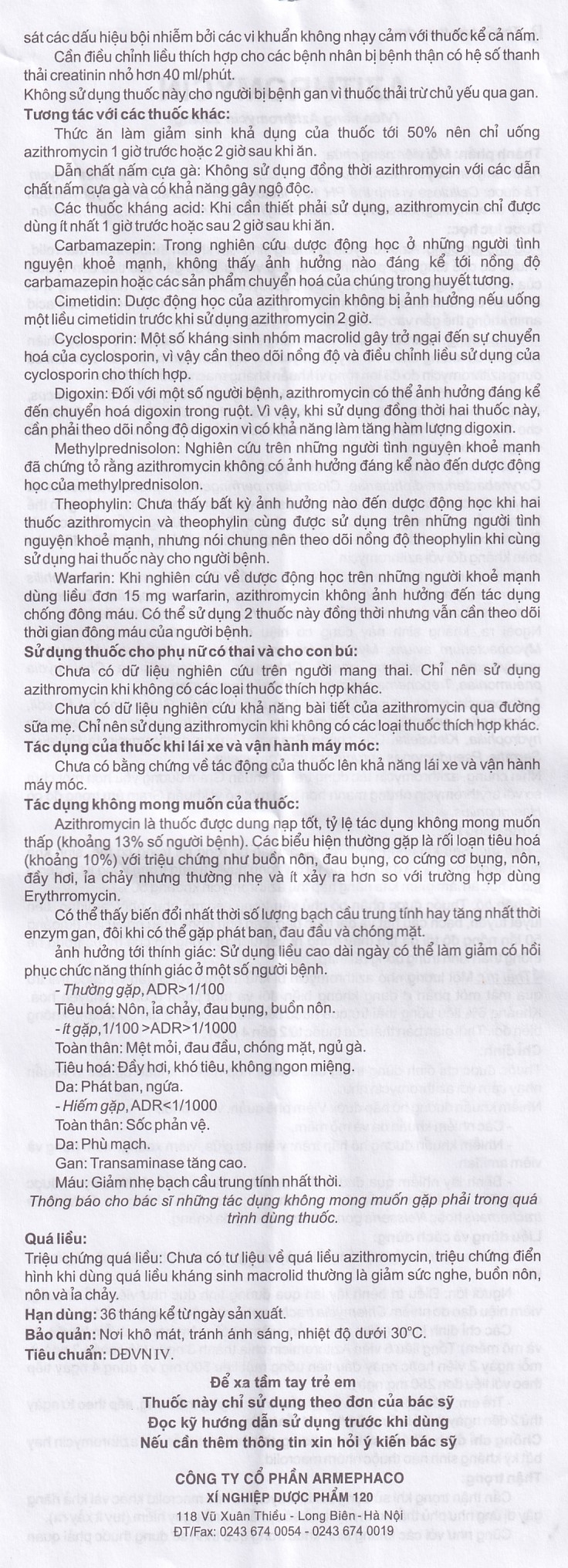 Hình ảnh Thuốc Azithromycin 250 Armephaco điều trị nhiễm khuẩn (1 vỉ x 6 viên)