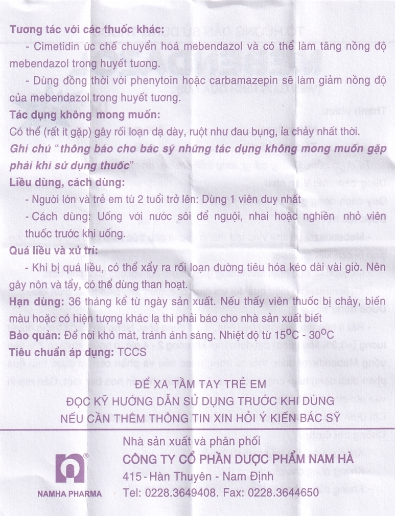 Hình ảnh Viên nhai Mebendazol 500mg Nam Hà điều trị các loại giun tròn (1 viên)