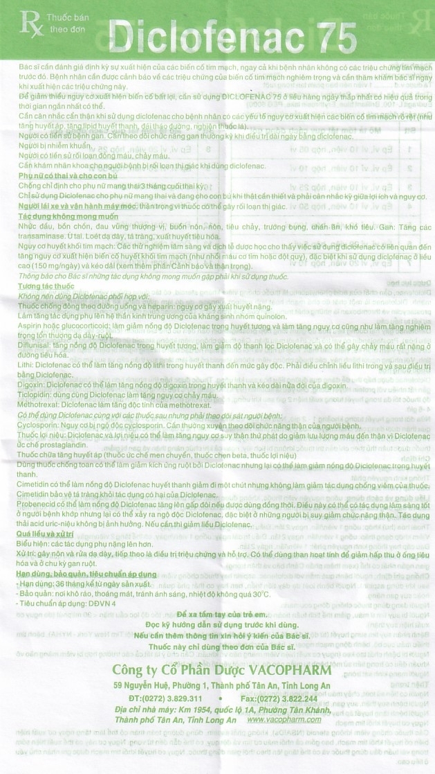 Hình ảnh Thuốc Diclofenac 75 Vacopharm điều trị dài ngày viêm khớp mạn, thoái hóa khớp (5 vỉ x 10 viên)