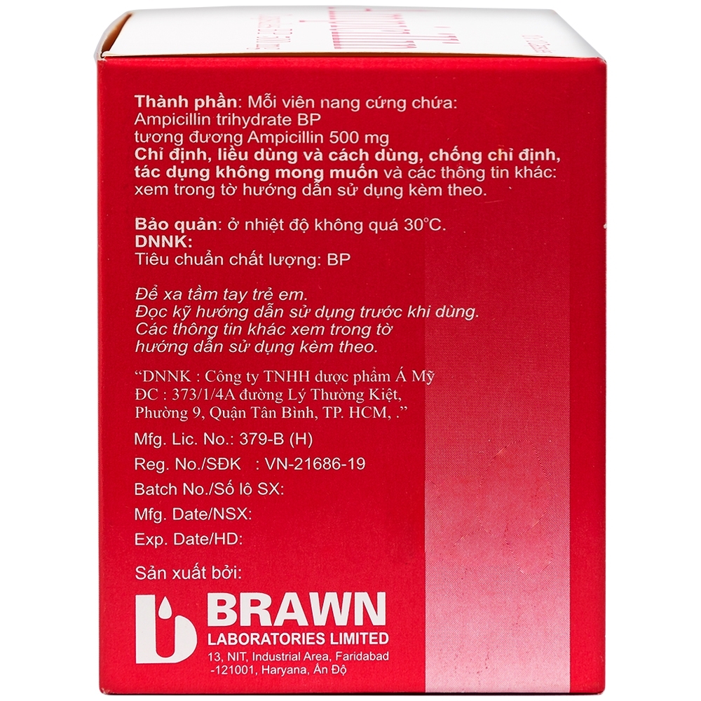 Hình ảnh Thuốc Ampicillin Capsules BP 500mg Brawn điều trị nhiễm khuẩn (10 vỉ x 10 viên)