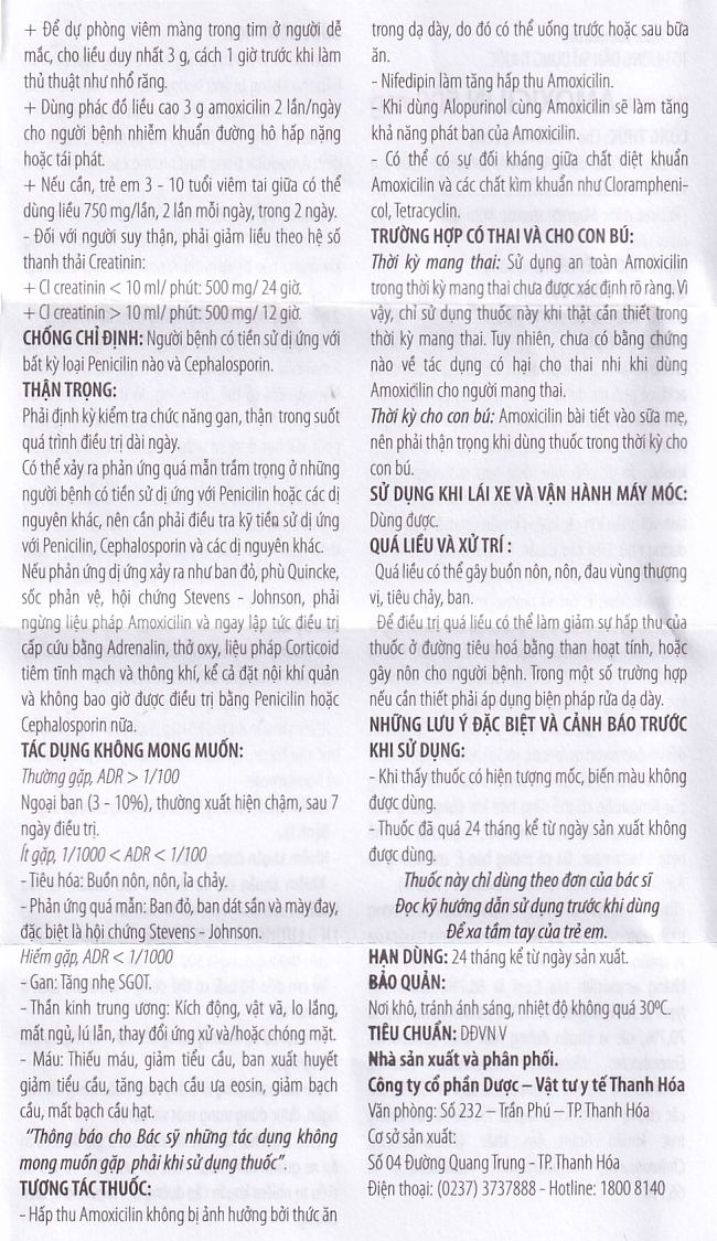 Hình ảnh Thuốc Amoxicilin 500mg Thephaco điều trị nhiễm khuẩn (10 vỉ x 10 viên)