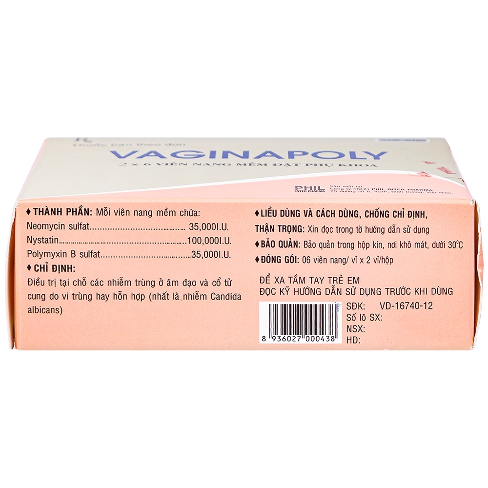 Hình ảnh Viên đặt phụ khoa Vaginapoly Phil Inter điều trị nhiễm trùng ở âm đạo (2 vỉ x 6 viên)