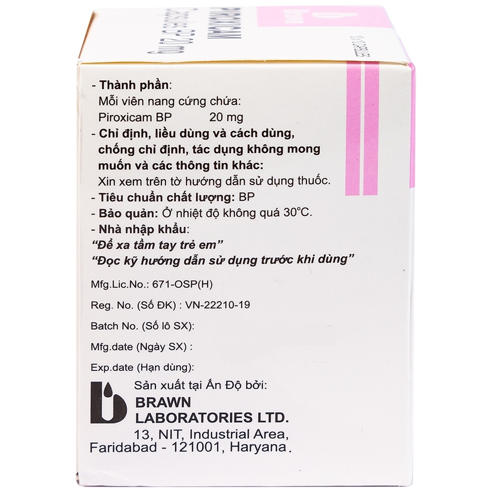 Hình ảnh Thuốc Piroxicam capsules BP 20mg Brawn kháng viêm và giảm đau viêm khớp dạng thấp (10 vỉ x 10 viên)