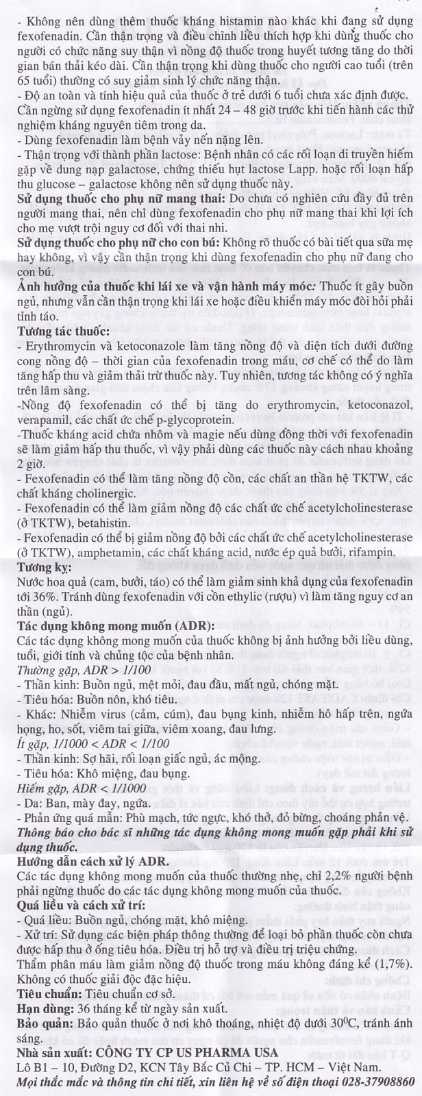Hình ảnh Thuốc Cadifast 120 USA Pharma điều trị mày đay mạn tính vô căn, giảm viêm mũi dị ứng (3 vỉ x 10 viên)