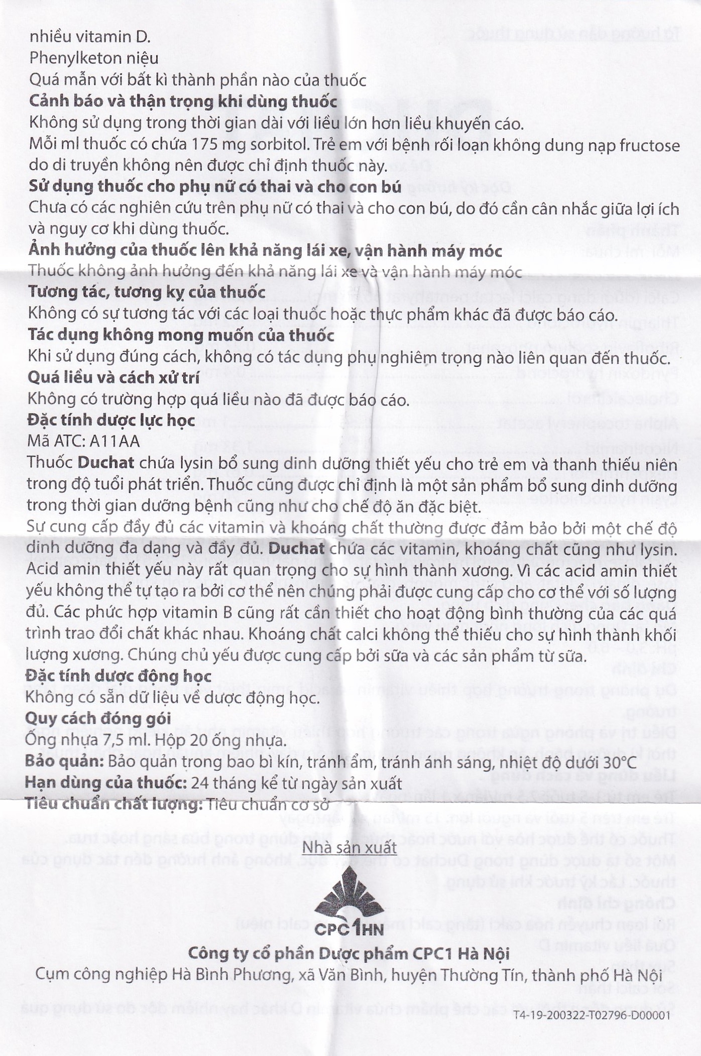 Hình ảnh Dung dịch uống Duchat CPC1 dự phòng trường hợp thiếu Vitamin và Acid Amin (4 vỉ x 5 ống x 7.5ml)