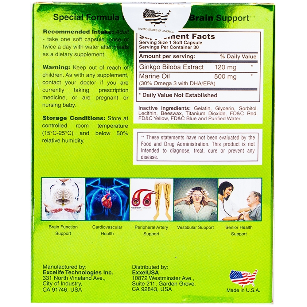 Hình ảnh Viên uống Omexxel Ginkgo 120 ExxelUSA hỗ trợ cung cấp dưỡng chất cho não và cơ thể (3 vỉ x 10 viên)