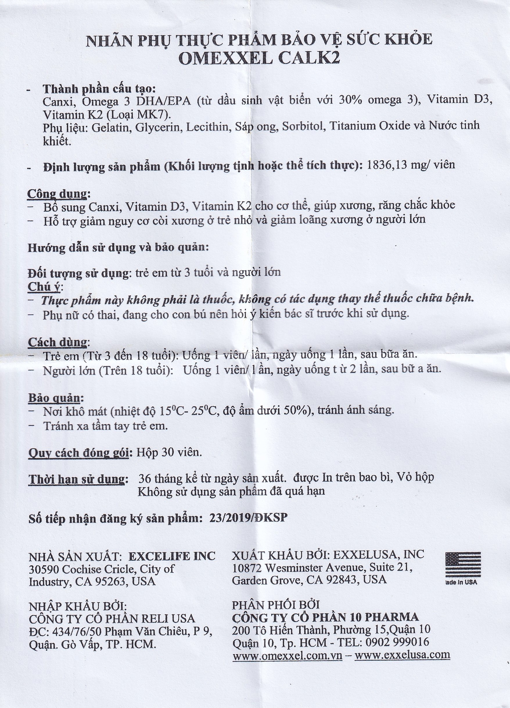 Hình ảnh Viên uống Omexxel Calk2 Excelife bổ sung Canxi, Vitamin D3 (3 vỉ x 10 viên)