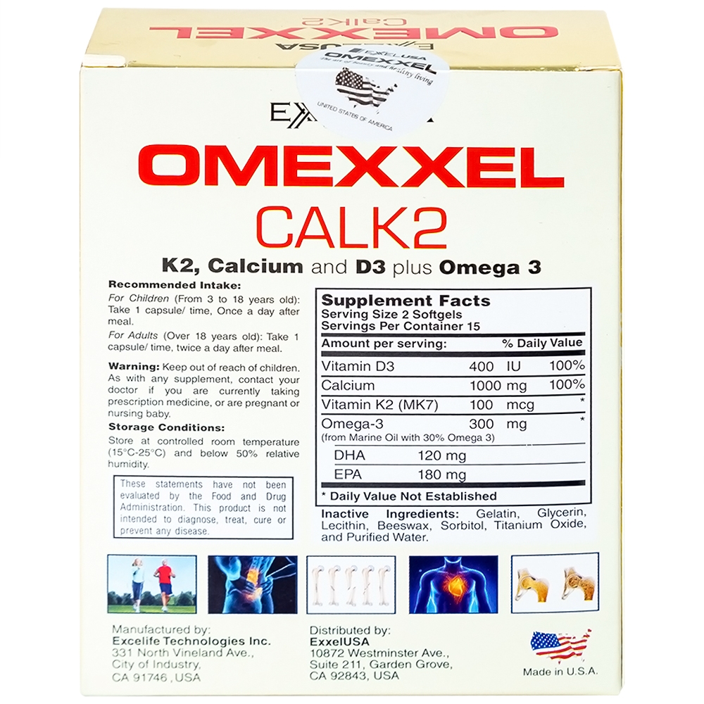 Hình ảnh Viên uống Omexxel Calk2 Excelife bổ sung Canxi, Vitamin D3 (3 vỉ x 10 viên)