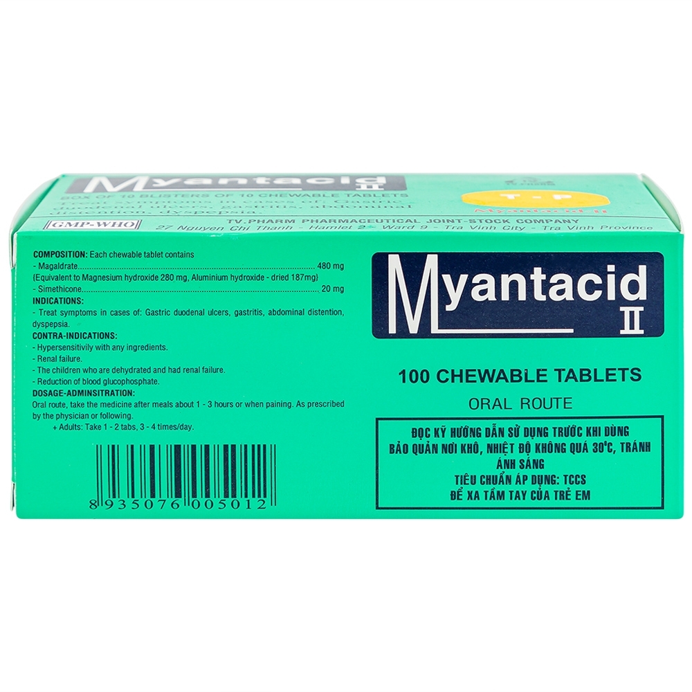 Hình ảnh Viên nhai Myantacid-II TV.Pharm điều trị loét dạ dày - tá tràng, viêm dạ dày (10 vỉ x 10 viên)