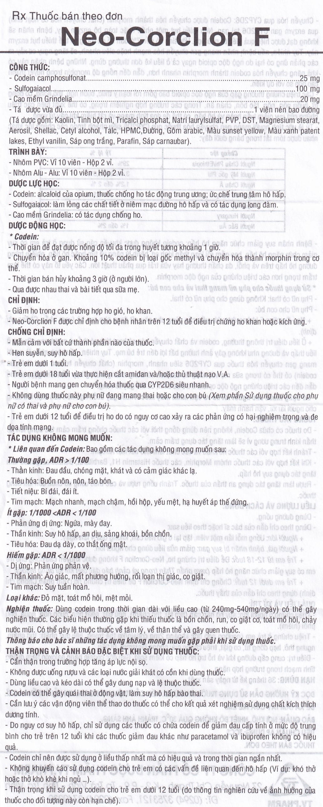 Hình ảnh Viên nén Neo-Corclion F TV.Pharm giảm ho gió, ho khan (2 vỉ x 10 viên)