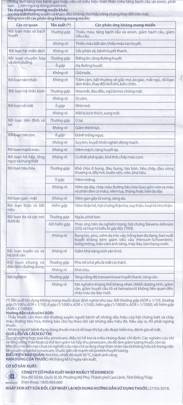 Hình ảnh Viên nén Piroxicam 20mg Domesco giảm triệu chứng viêm khớp dạng thấp (3 vỉ x 10 viên)