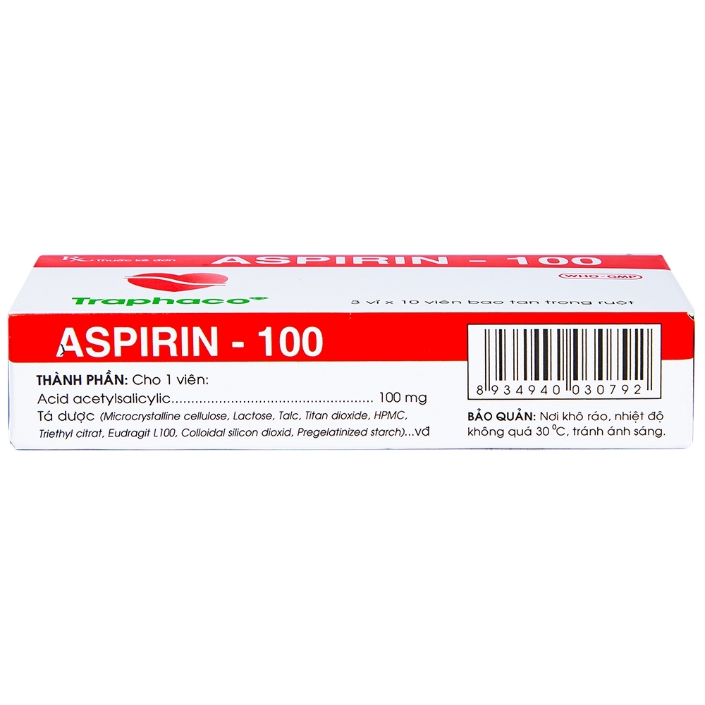 Hình ảnh Thuốc Aspirin 100mg Traphaco phòng ngừa nhồi máu cơ tim, đột quỵ (3 vỉ x 10 viên)