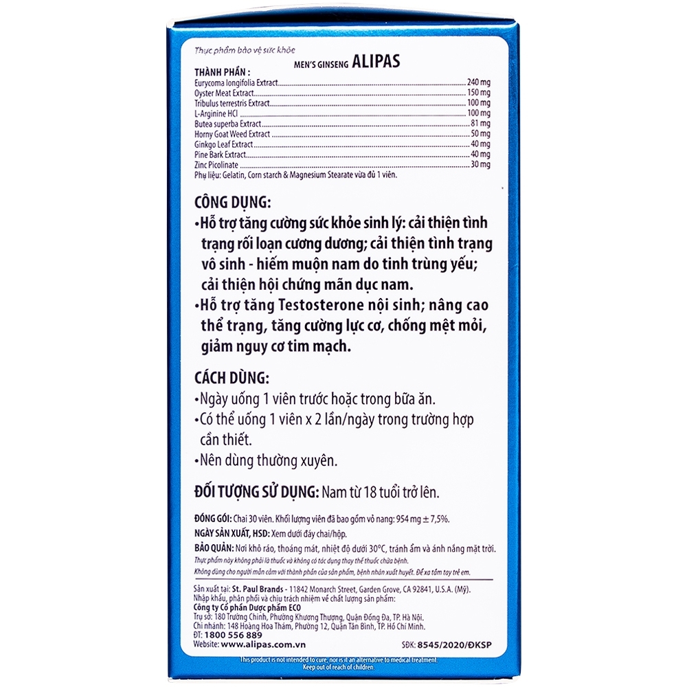 Hình ảnh Viên uống Men’s Ginseng Alipas Ecogreen tăng cường sinh lực phái mạnh (30 viên)