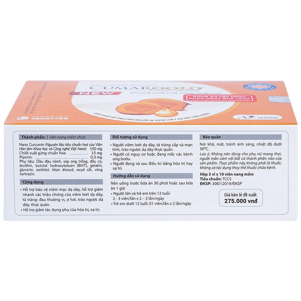 Hình ảnh Viên uống Cumargold Nano Curcumin New CVI Pharma hỗ trợ bảo vệ niêm mạc dạ dày (3 vỉ x 10 viên)