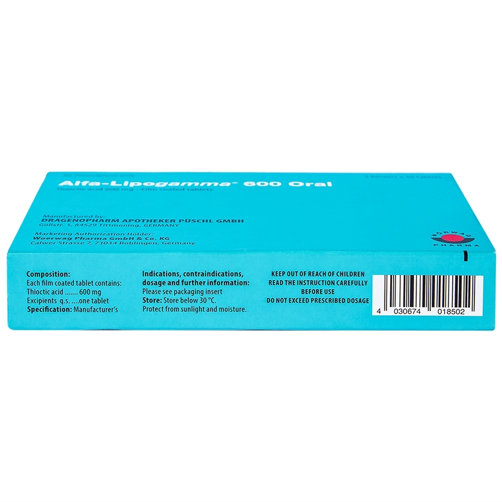 Hình ảnh Thuốc Alfa-Lipogamma 600 Oral Worwag hỗ trợ điều trị đa thần kinh đái tháo đường (3 vỉ x 10 viên)