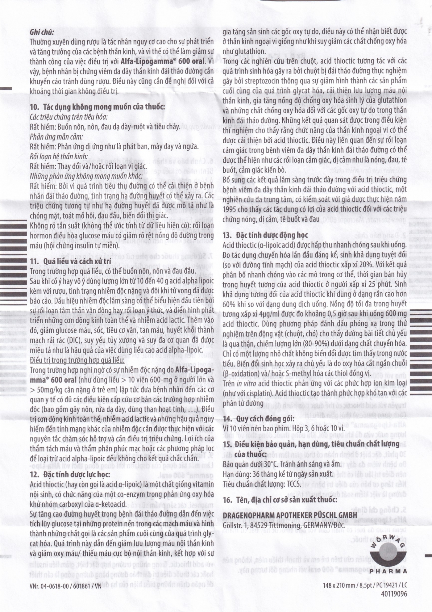 Hình ảnh Thuốc Alfa-Lipogamma 600 Oral Worwag hỗ trợ điều trị đa thần kinh đái tháo đường (3 vỉ x 10 viên)