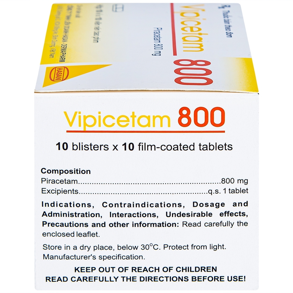 Hình ảnh Thuốc Vipicetam 800 Hassan điều trị các triệu chứng chóng mặt, đột quỵ (10 vỉ x 10 viên)