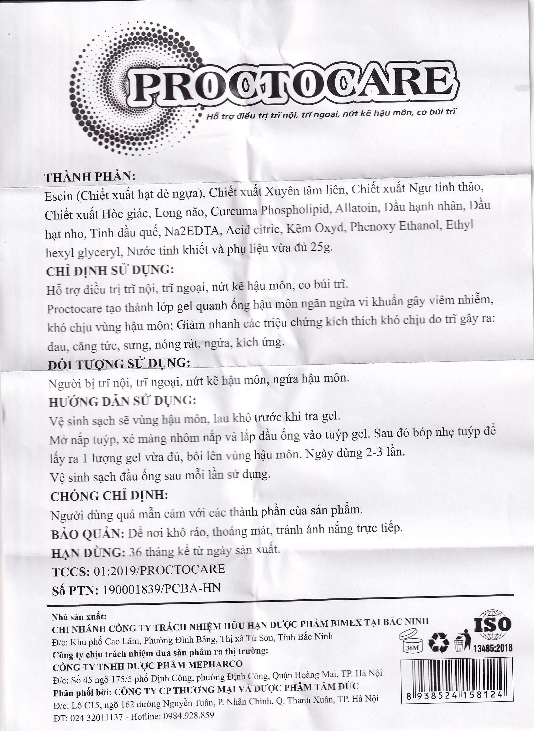 Hình ảnh Gel bôi Proctocare Bimex hỗ trợ điều trị trĩ nội, trĩ ngoại, nứt kẽ hậu môn, co búi trĩ (25g)