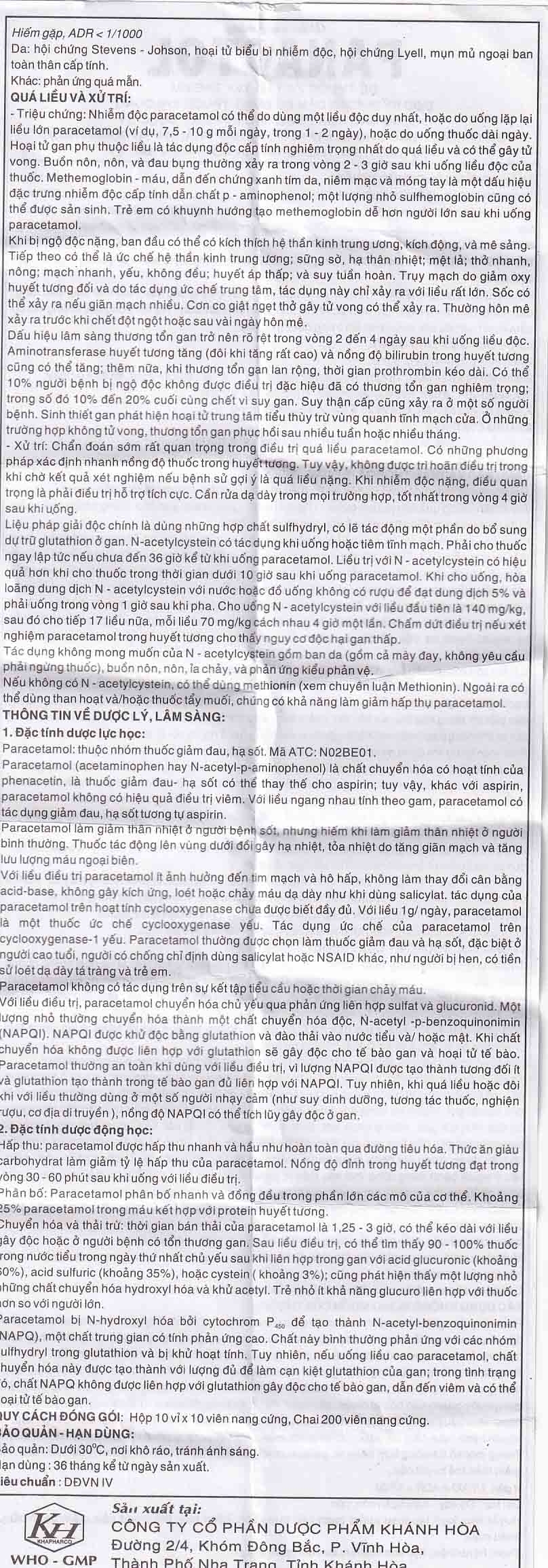 Hình ảnh Viên nang cứng Panactol 500mg Khapharco giảm đau, hạ sốt (200 viên)