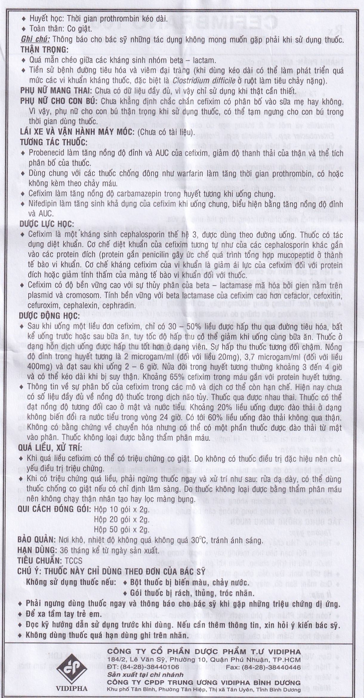 Hình ảnh Bột pha hỗn dịch uống Cefimbrano 100 Vidipha điều trị nhiễm khuẩn (10 gói x 2g)