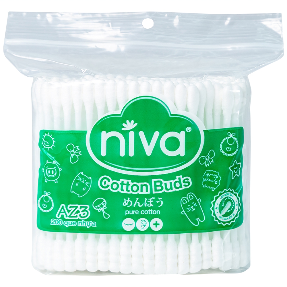 Hình ảnh Tăm bông thân nhựa Niva AZ3 túi zip 1 đầu tròn 1 đầu xoắn vệ sinh tai, mũi, vết thương (200 que)