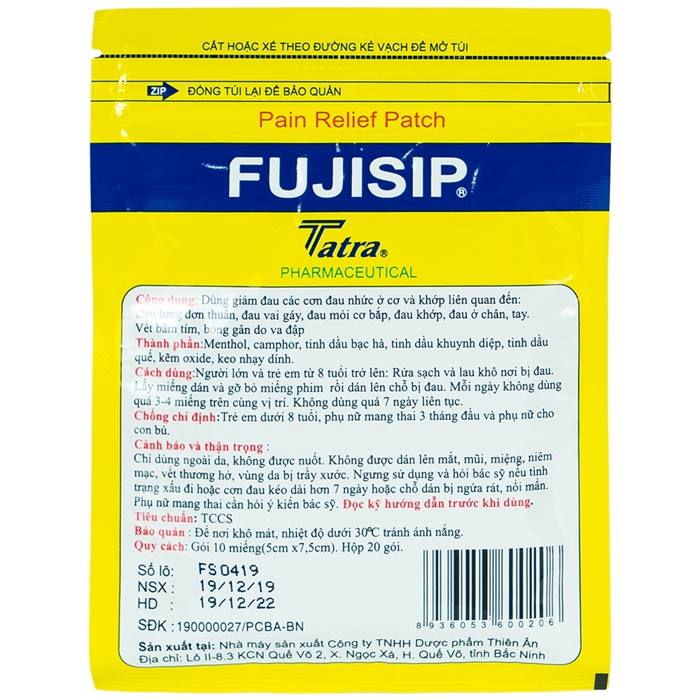 Hình ảnh Cao dán giảm đau Fujisip 5cm x 7,5cm Thiên Ân giảm đau vai, đau lưng, đau khớp (10 miếng )