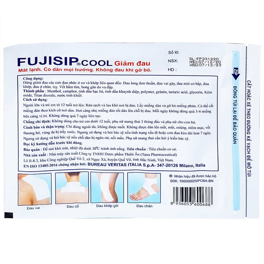 Hình ảnh Cao dán Fujisip Cool Thiên Ân giảm đau cơ, đau khớp, đau vai gáy, đau lưng (10 túi)