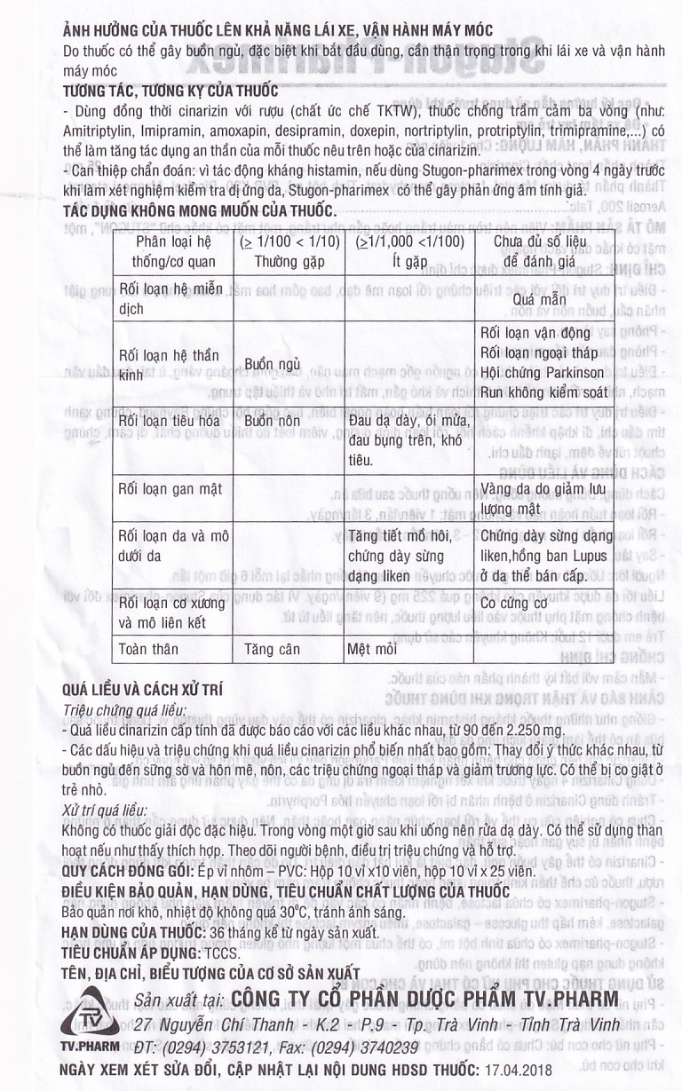 Hình ảnh Thuốc Stugon-Pharimex TV.Pharm điều trị triệu chứng hoa mắt, chóng mặt, ù tai (10 vỉ x 25 viên)