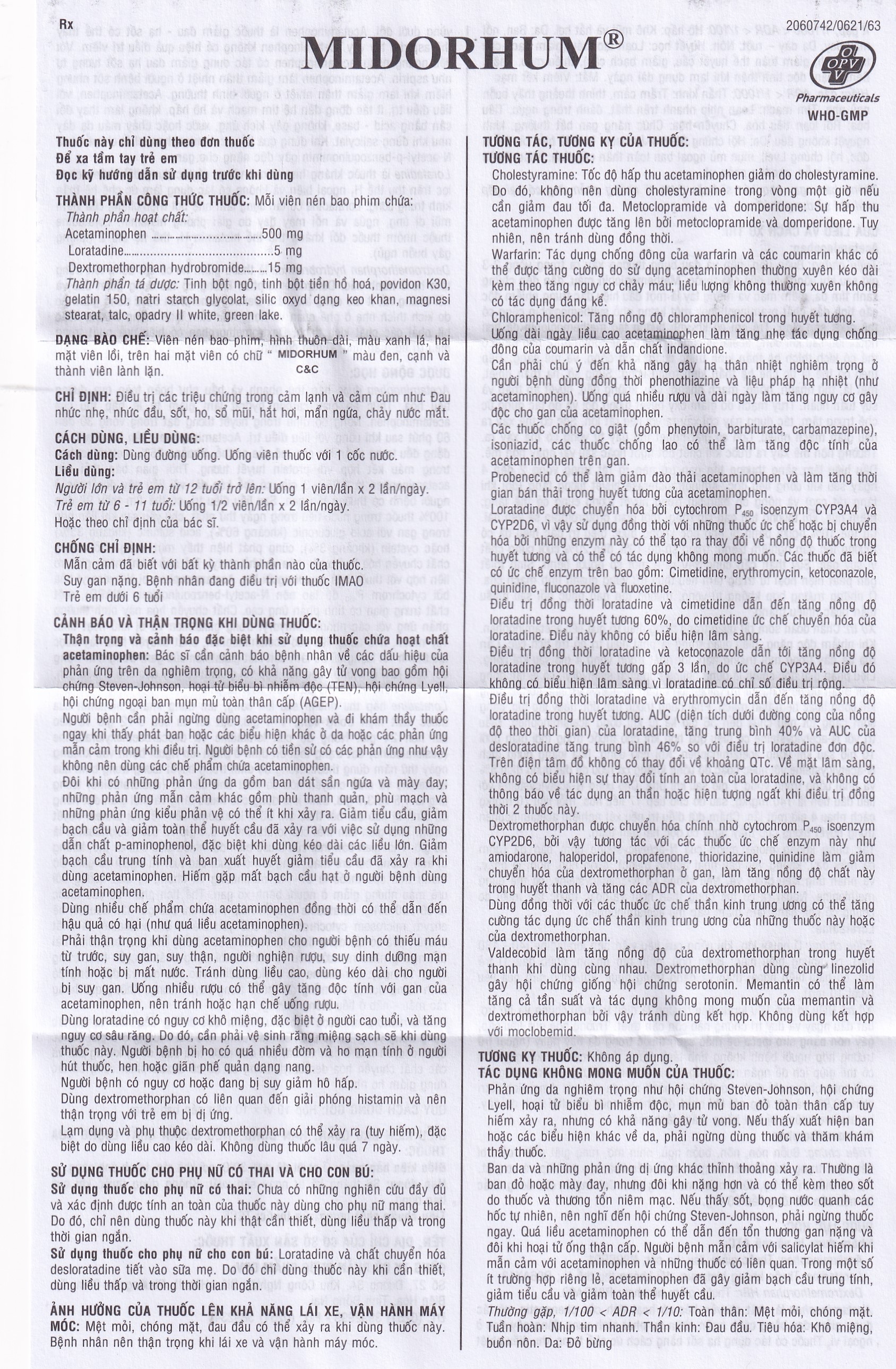 Hình ảnh Viên nén Midorhum OPV hạ sốt, giảm ho, giảm đau, chống dị ứng (10 vỉ x 10 viên)