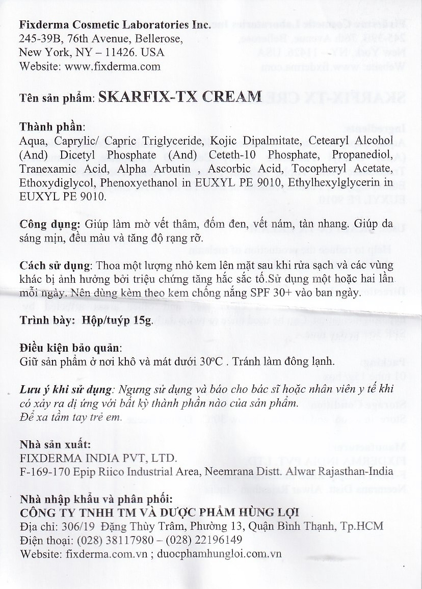 Hình ảnh Kem Fixderma Skarfix-TX Cream hỗ trợ làm mờ vết thâm, đốm đen, nám (15g)