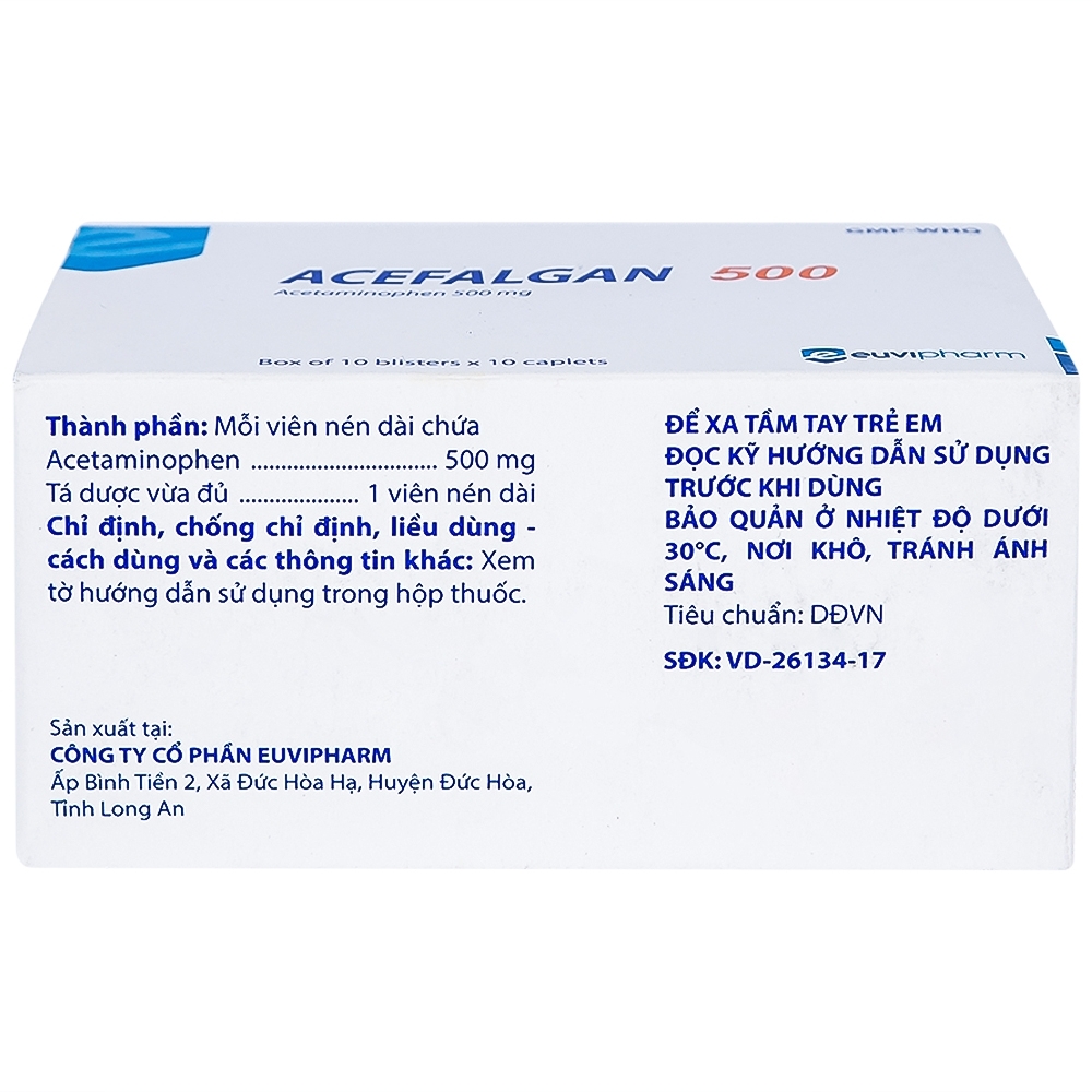 Hình ảnh Thuốc Acefalgan 500mg Euvipharm giảm đau nhẹ đến vừa, hạ sốt (10 vỉ x 10 viên)