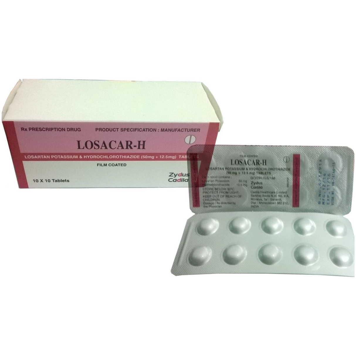 Hình ảnh Viên nén Losacar-H 50mg/12.5mg Zydus Cadila điều trị tăng huyết áp (10 vỉ x 10 viên) 