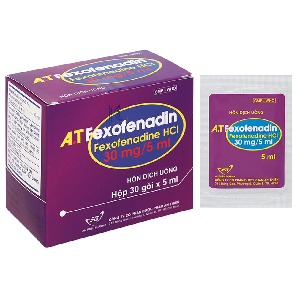 Hình ảnh Hỗn dịch uống A.T Fexofenadin 30mg/5ml An Thiên điều trị viêm mũi dị ứng, mày đay mạn tính vô căn (30 gói x 5ml)