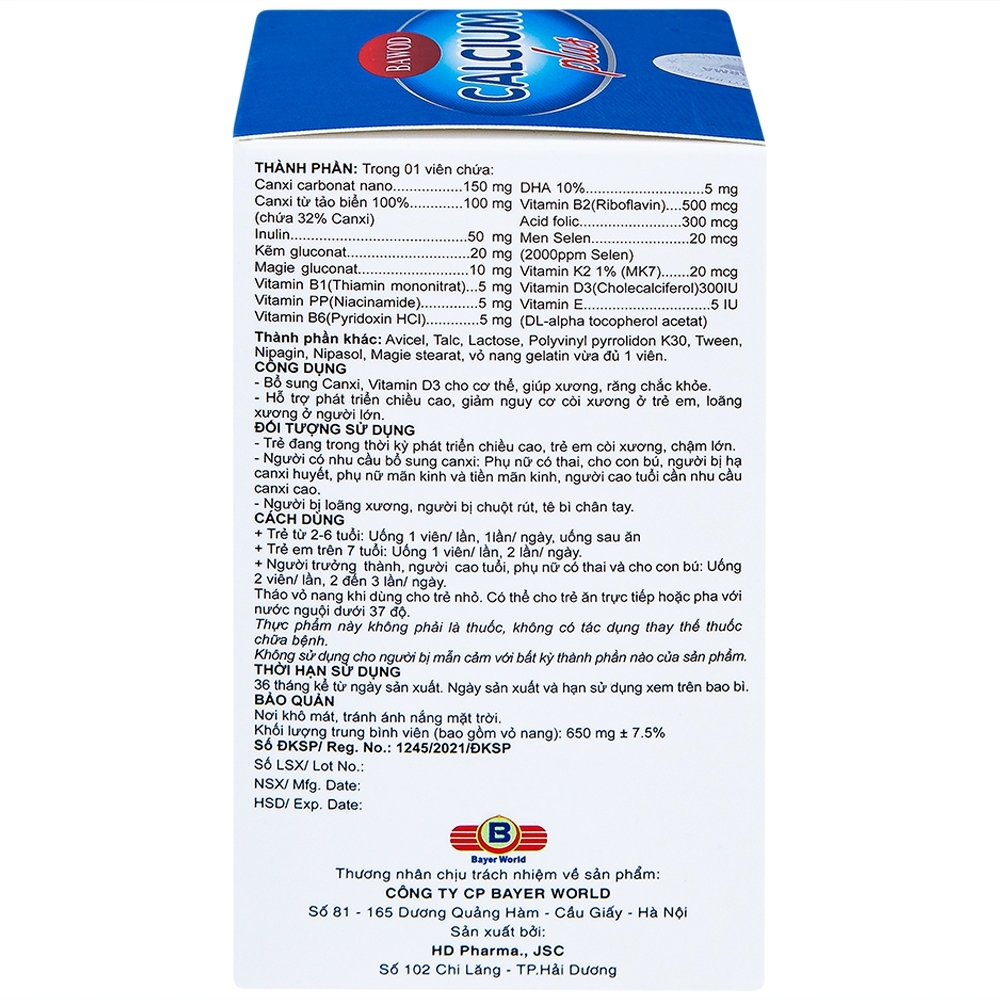 Hình ảnh Viên uống Bawod Calcium Plus bổ sung canxi, vitamin D3 giúp răng, xương chắc khỏe (60 viên)