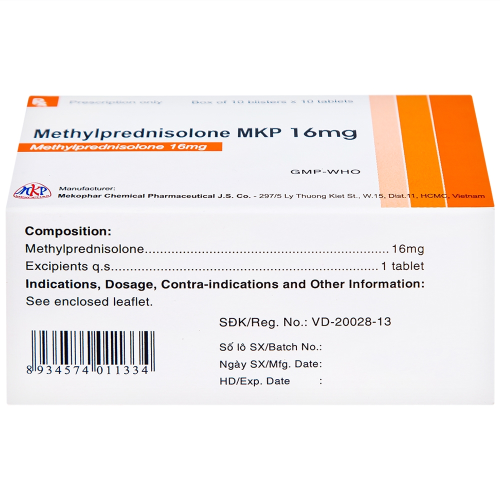 Hình ảnh Thuốc Methylprednisolone MKP 16mg Mekophar kháng viêm, điều trị rối loạn nội tiết, viêm khớp (10 vỉ x 10 viên)