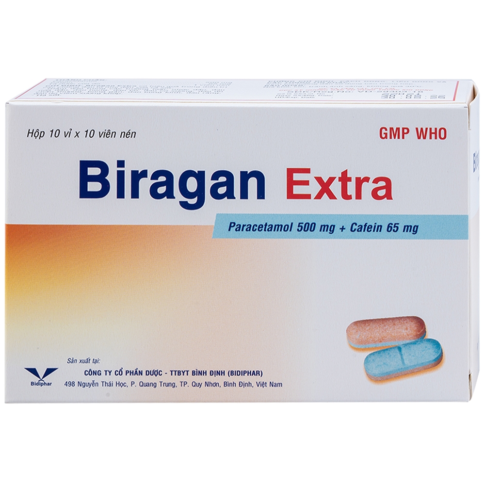 Hình ảnh Thuốc Biragan Extra Bidiphar điều trị nhức đầu, đau nửa đầu, đau họng, đau tai (10 vỉ x 10 viên)