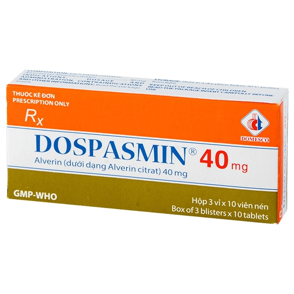 Hình ảnh Thuốc Dospasmin 40mg Domesco điều trị hội chứng ruột kích thích, đau túi thừa ruột kết (3 vỉ x 10 viên)