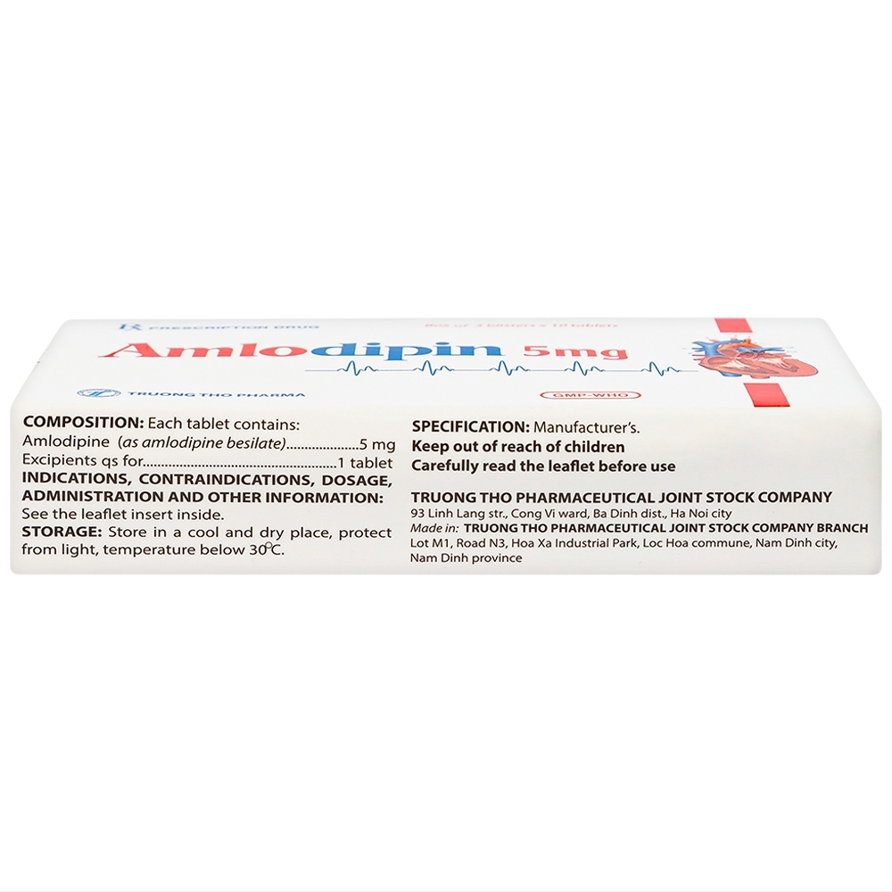 Hình ảnh Thuốc Amlodipin 5mg Trường Thọ điều trị tăng huyết áp, đau thắt ngực (3 vỉ x 10 viên)