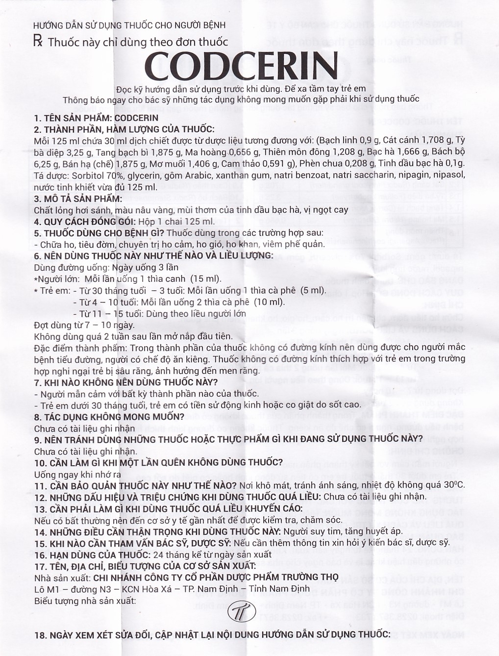 Hình ảnh Dung dịch thuốc Codcerin Trường Thọ Pharma chữa ho, tiêu đờm (125ml)