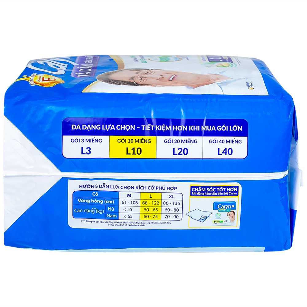 Hình ảnh Tã dán người lớn Caryn siêu thấm size L10, vòng hông 68 x 122cm (10 miếng)